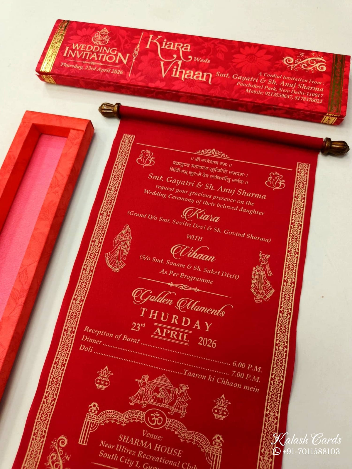 KLS313 Velvet Fabric Scroll Wedding Card with Box-Kalash Cards