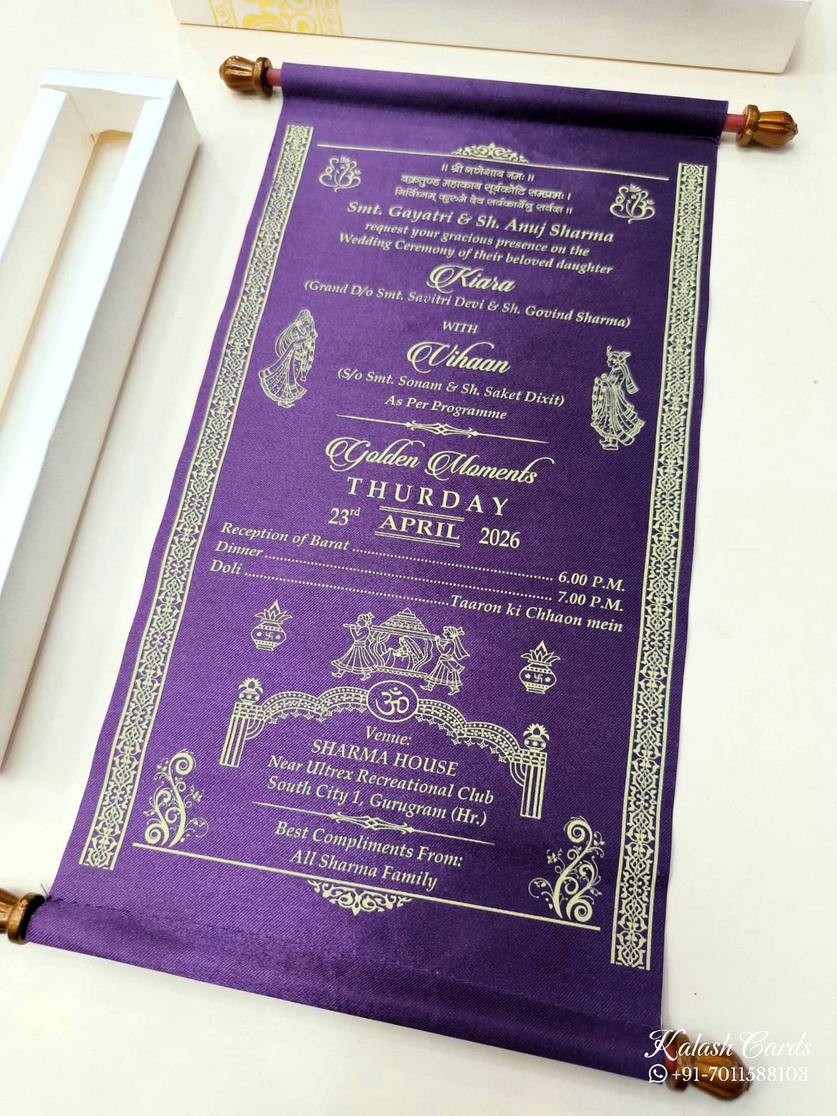 KLS314 Satin Fabric Scroll Wedding Card with Box-Kalash Cards