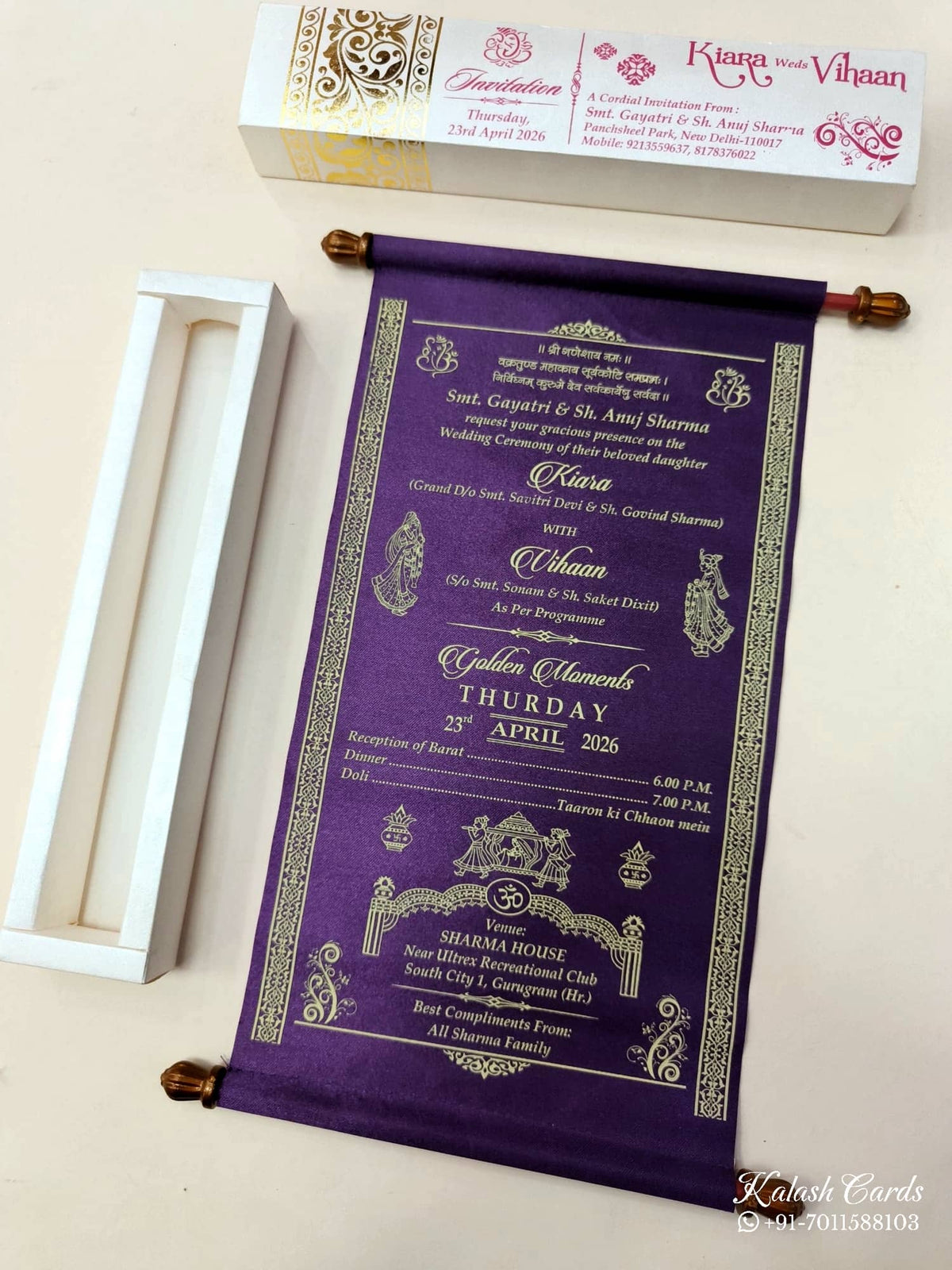 KLS314 Satin Fabric Scroll Wedding Card with Box-Kalash Cards