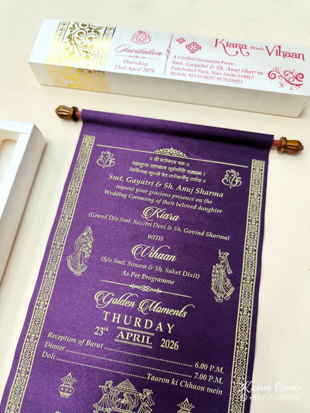 KLS314 Satin Fabric Scroll Wedding Card with Box-Kalash Cards