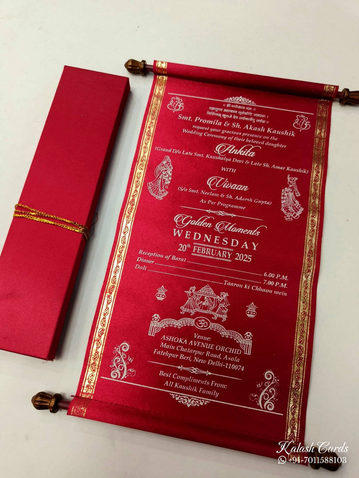 KLS315 Satin Fabric Scroll Wedding Card with Box-Kalash Cards