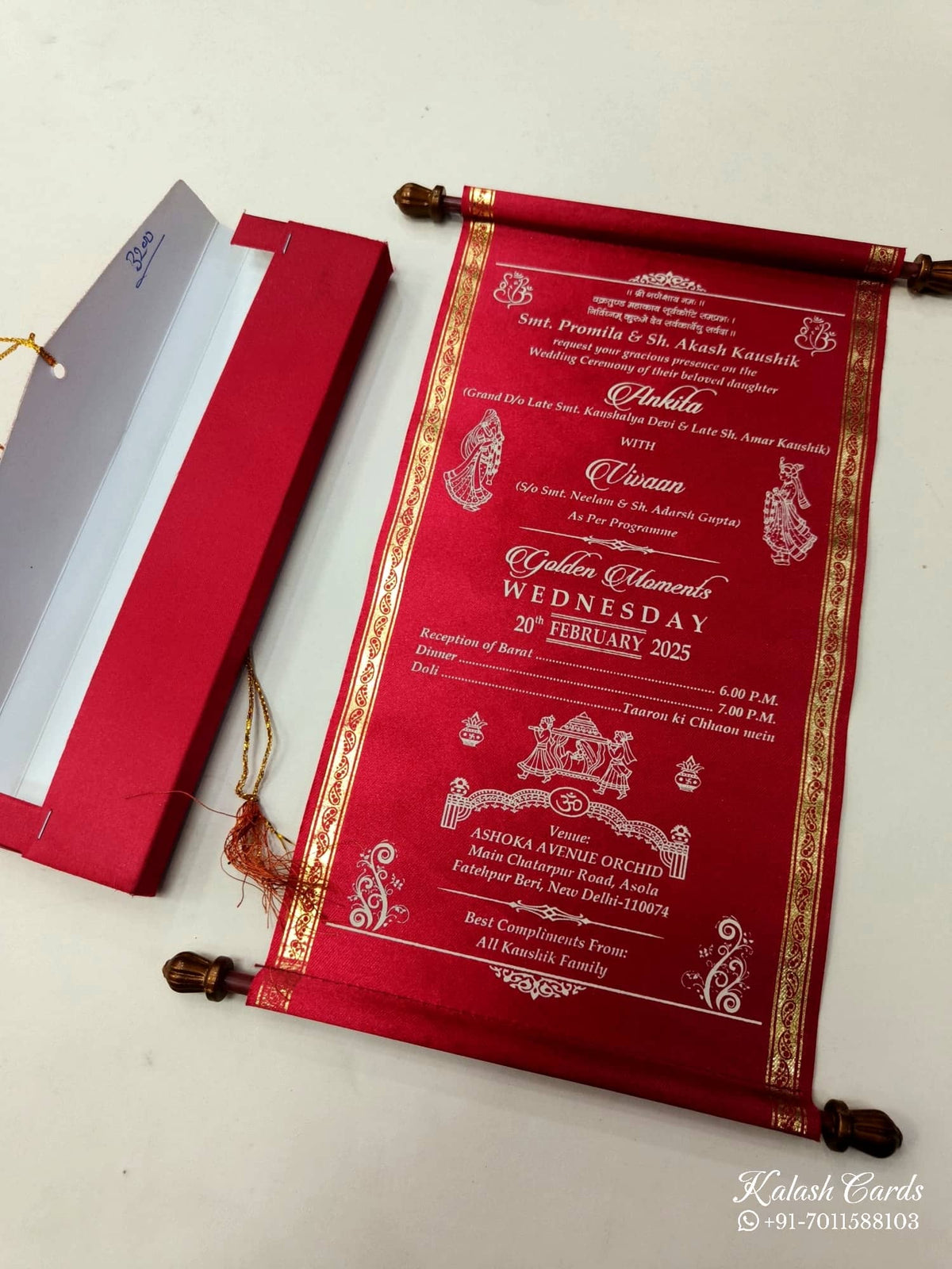 KLS315 Satin Fabric Scroll Wedding Card with Box-Kalash Cards