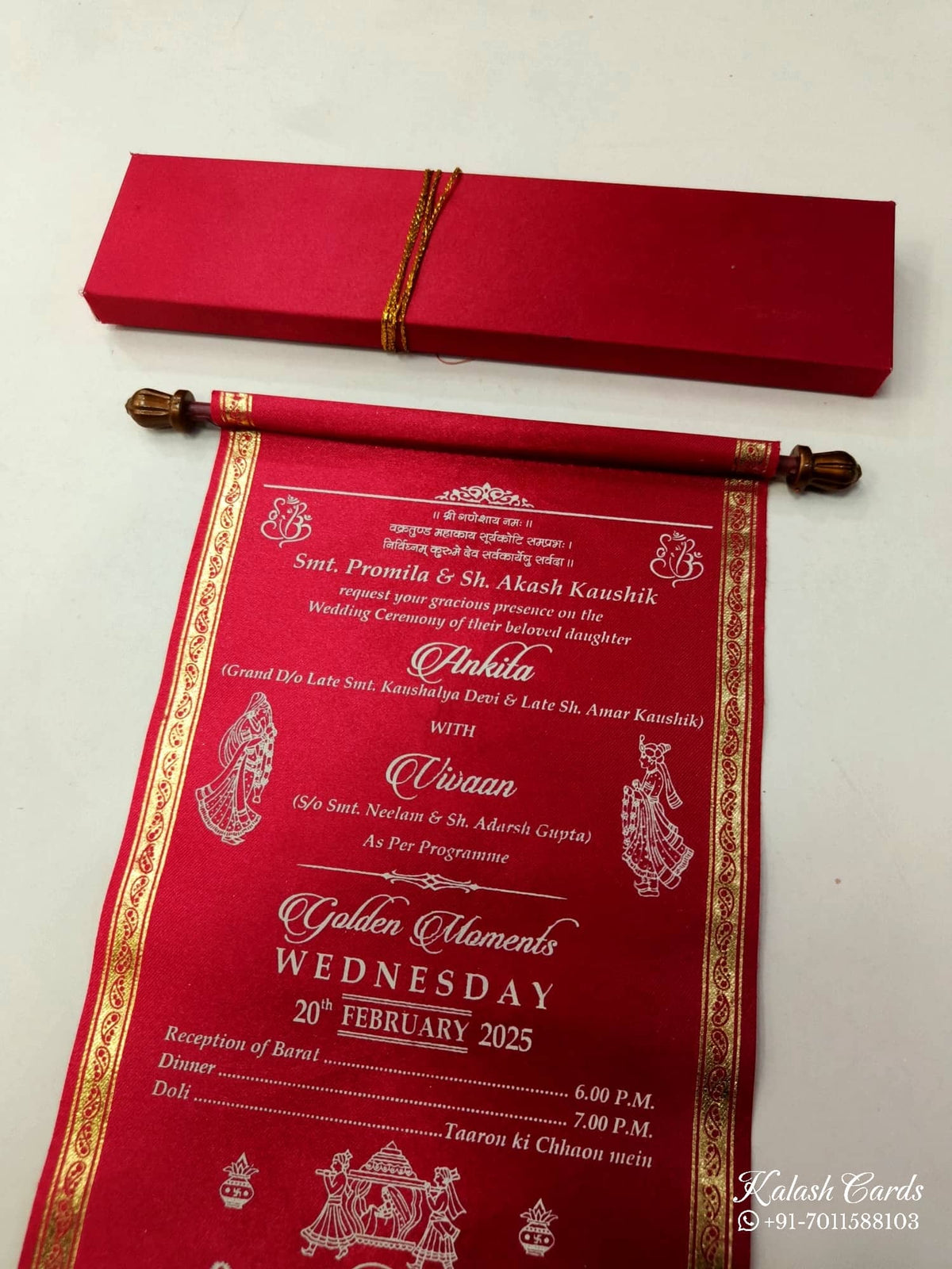 KLS315 Satin Fabric Scroll Wedding Card with Box-Kalash Cards