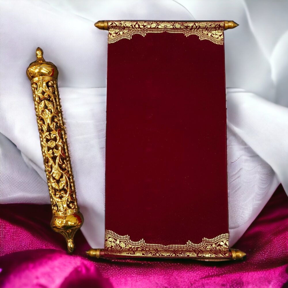 KL22 Velvet Fabric Scroll Wedding Card With Designer Plastic Holder - Kalash Cards