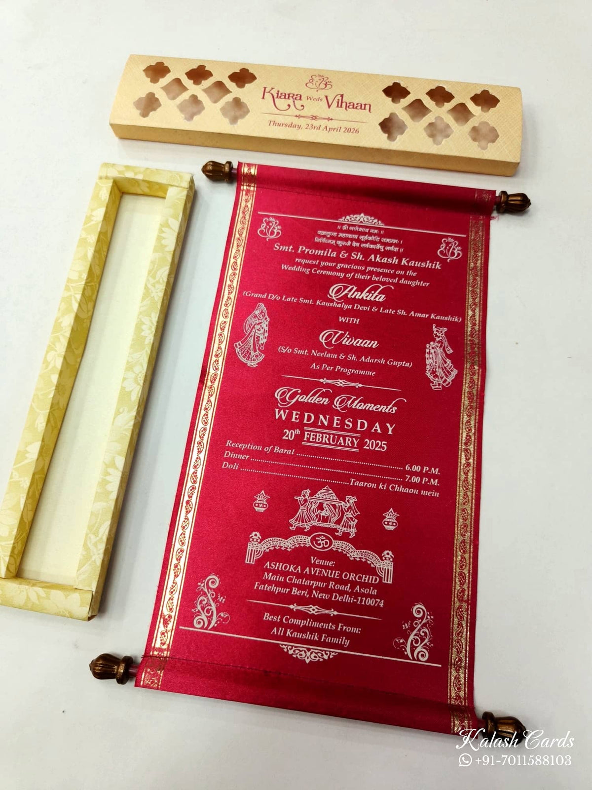 KLS323 Velvet Fabric Scroll Wedding Card with Box-Kalash Cards