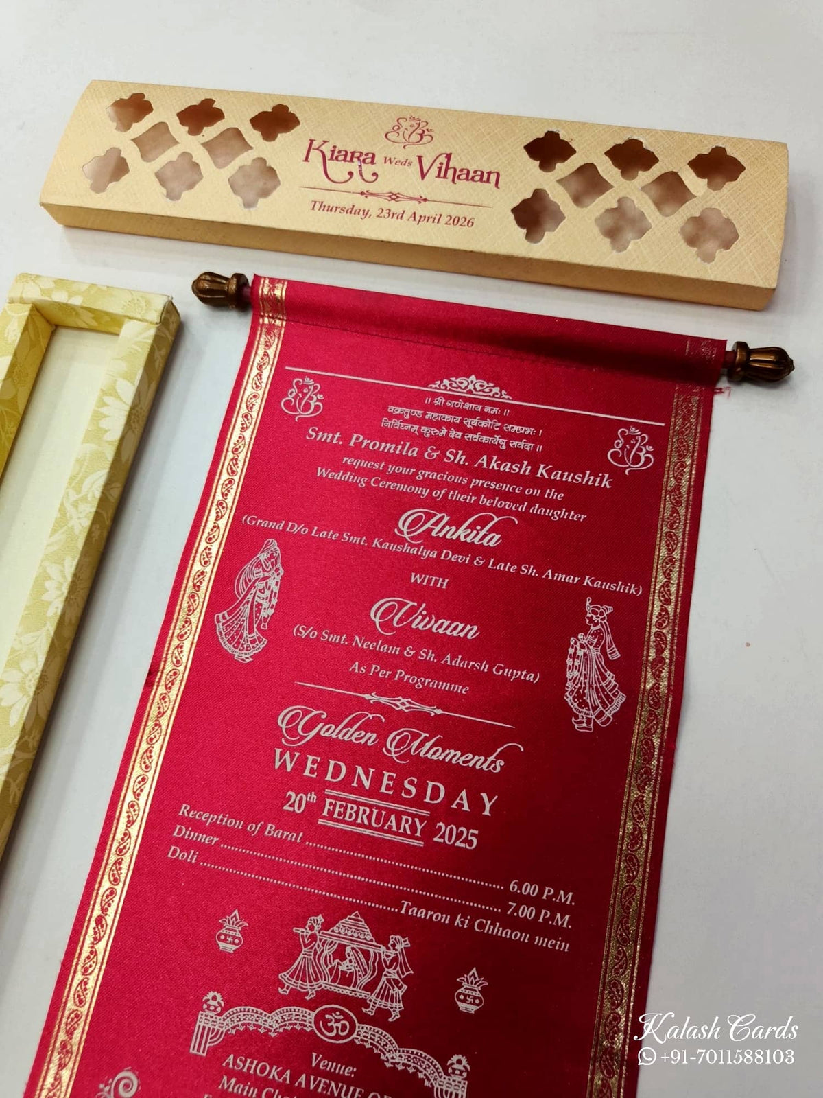 KLS323 Velvet Fabric Scroll Wedding Card with Box-Kalash Cards