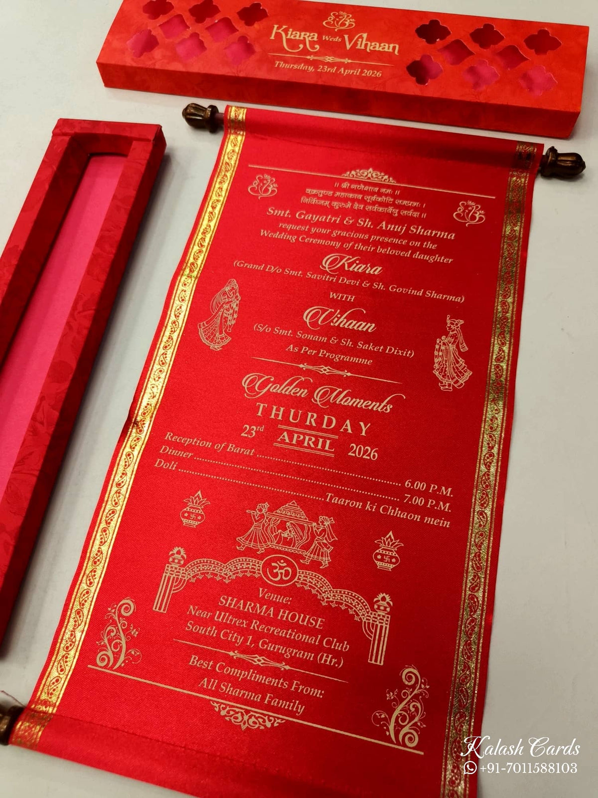 KLS324 Satin Fabric Scroll Wedding Card with Box-Kalash Cards