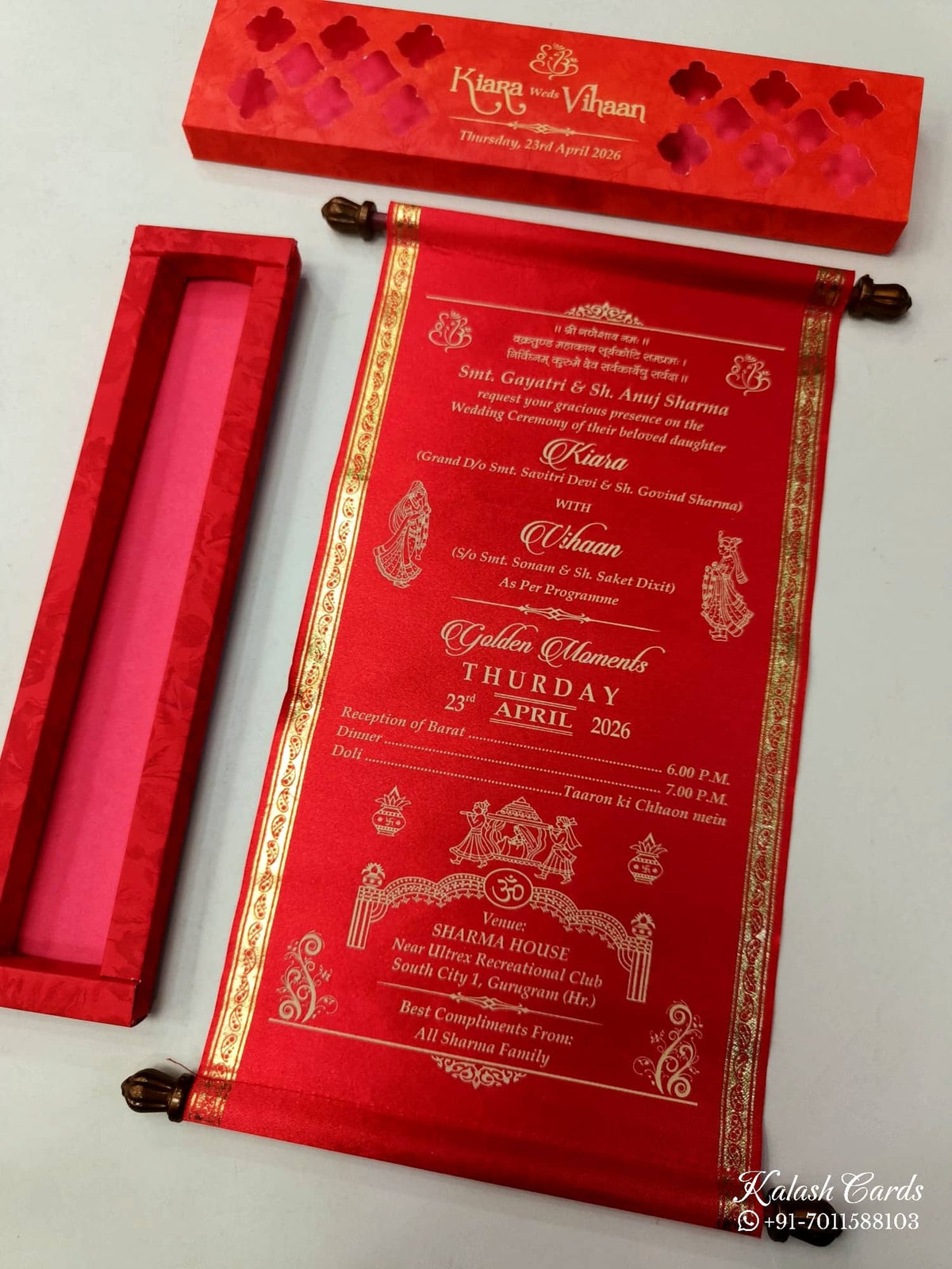 KLS324 Satin Fabric Scroll Wedding Card with Box-Kalash Cards