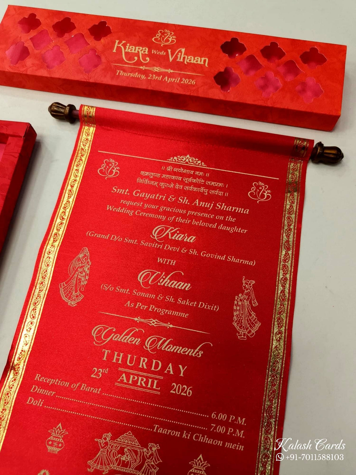 KLS324 Satin Fabric Scroll Wedding Card with Box-Kalash Cards