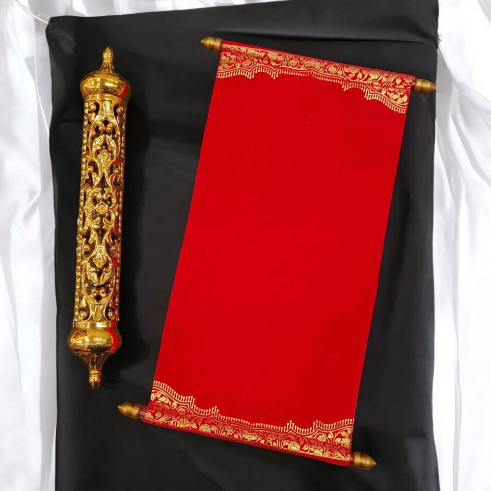 KL26 Velvet Fabric Scroll Wedding Card with Designer Plastic Holder - Kalash Cards