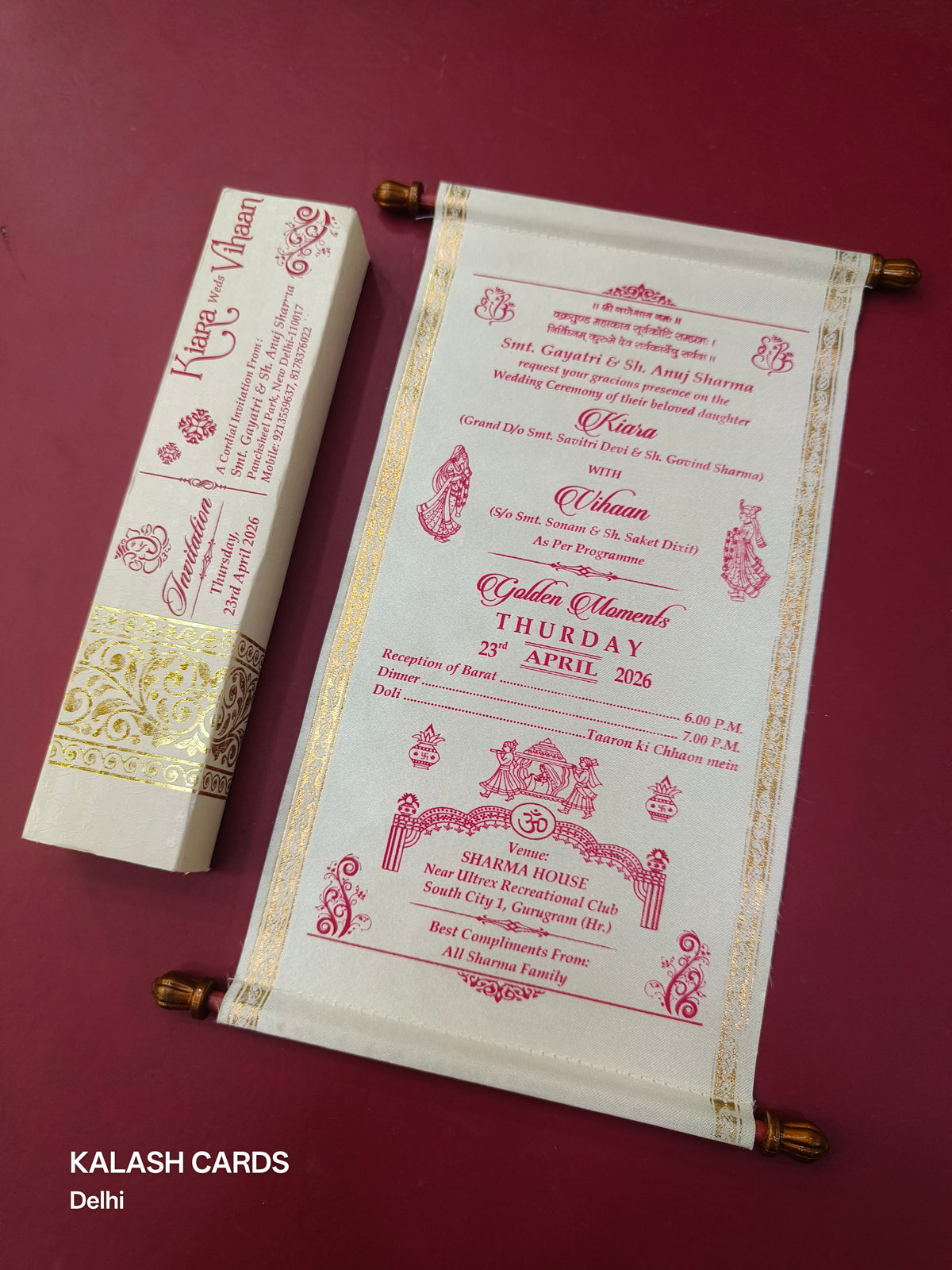 KL35 Satin Fabric Scroll Wedding Card-Kalash Cards
