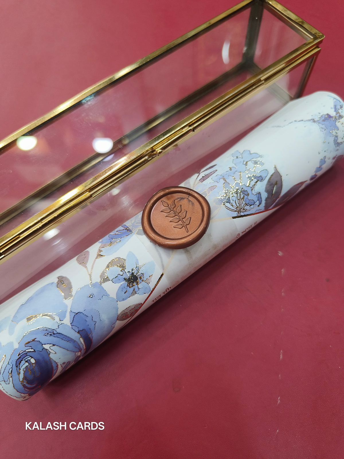 KL29 Floral Sikh Wedding Design Premium Gold Foil Paper Scroll Wedding Card with Luxury Transparent Glass Metal Box-Kalash Cards