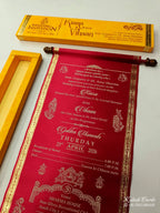KLS304 Satin Fabric Scroll Wedding Card with Box-Kalash Cards