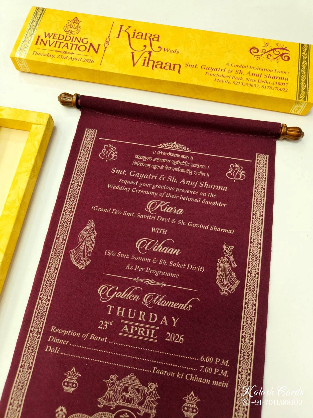 KLS306 Velvet Fabric Scroll Wedding Card with Box-Kalash Cards
