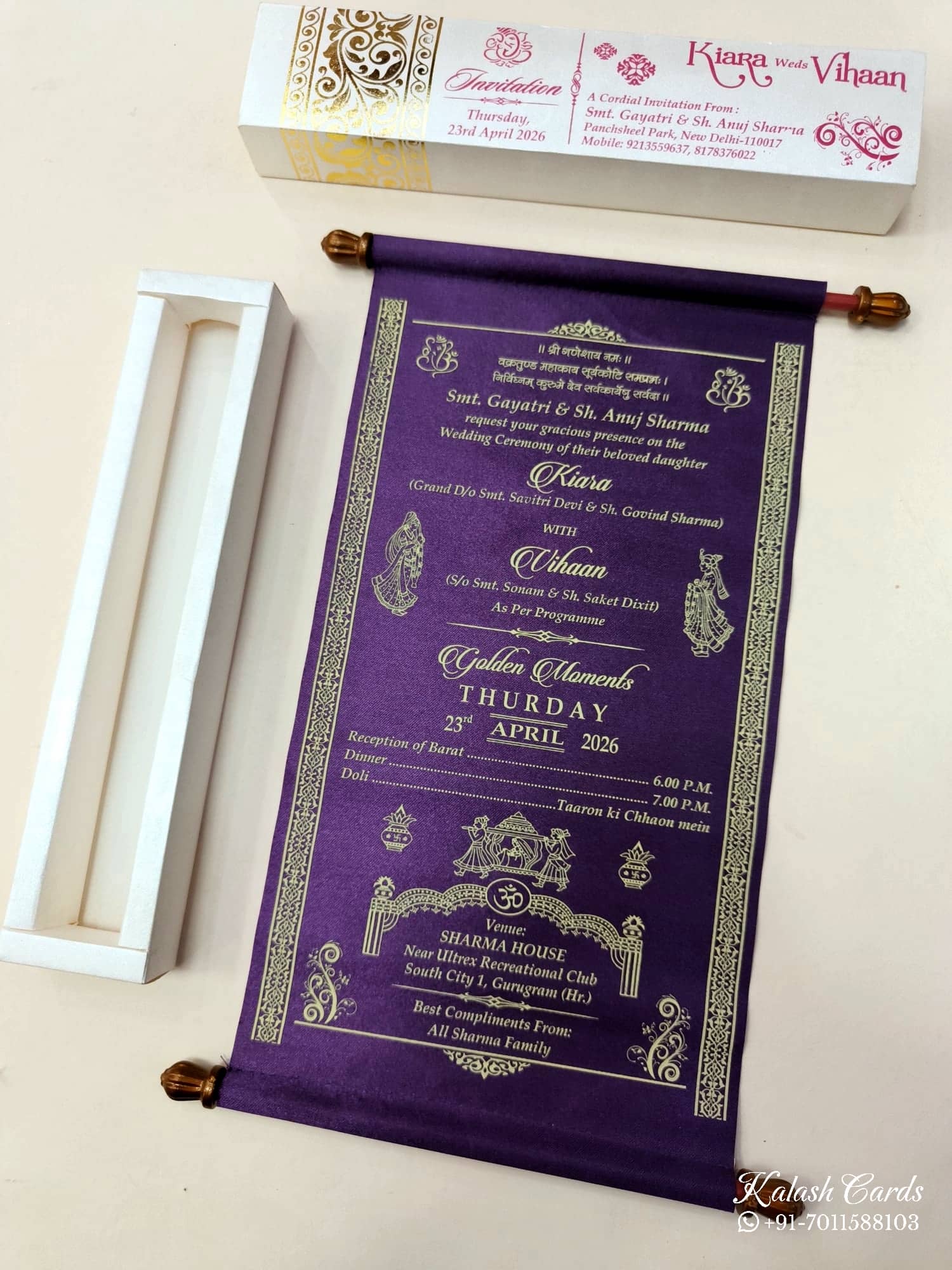 KLS314 Satin Fabric Scroll Wedding Card with Box-Kalash Cards
