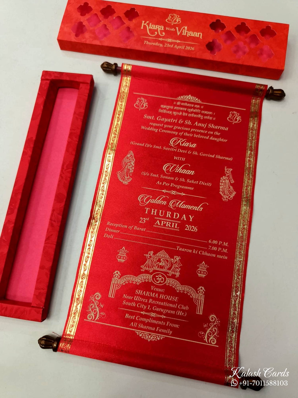 KLS324 Satin Fabric Scroll Wedding Card with Box-Kalash Cards
