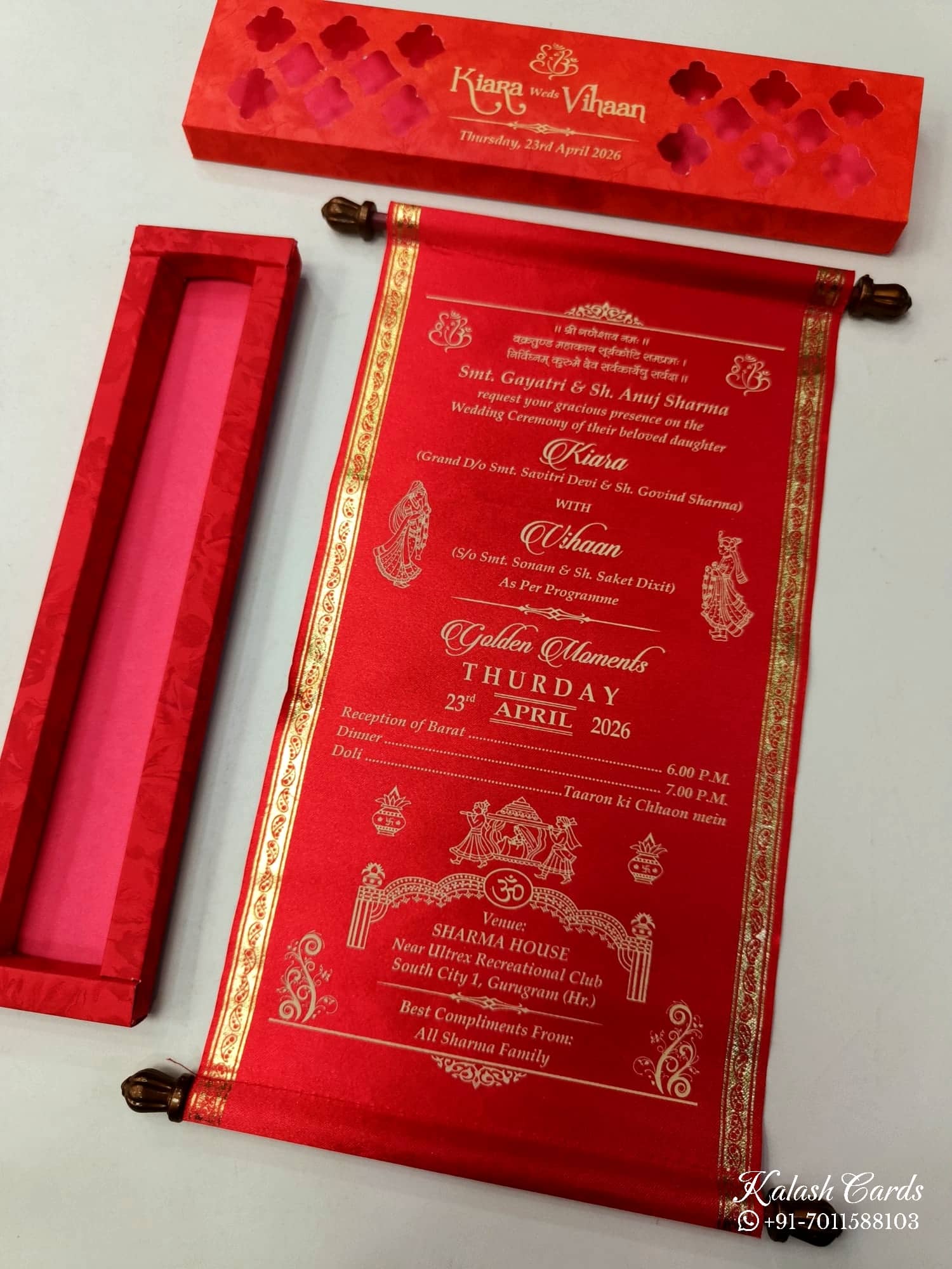 KLS324 Satin Fabric Scroll Wedding Card with Box-Kalash Cards