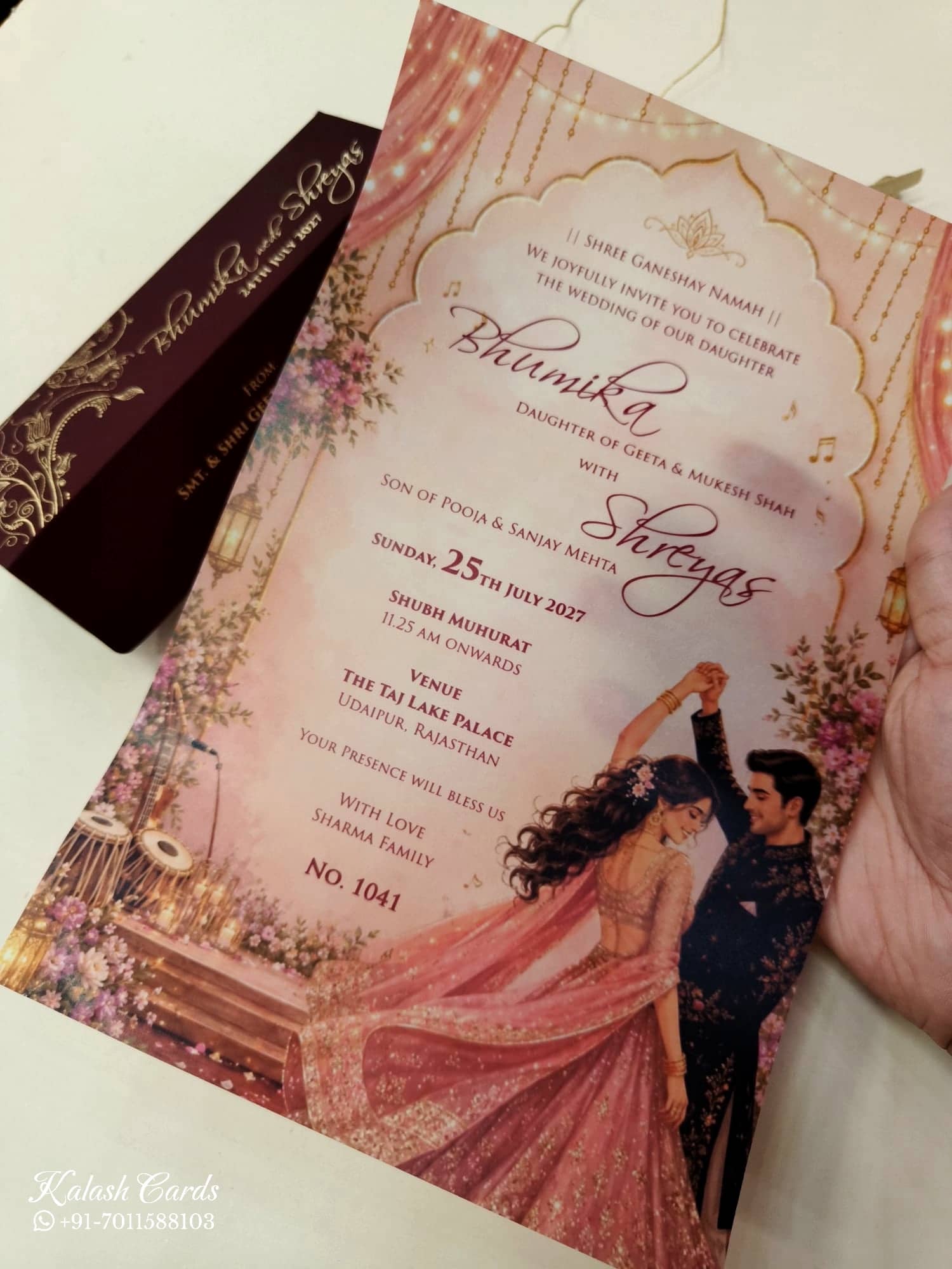 KLS344 Dulha Dulhan Design Maroon Color Translucent Scroll Wedding Card