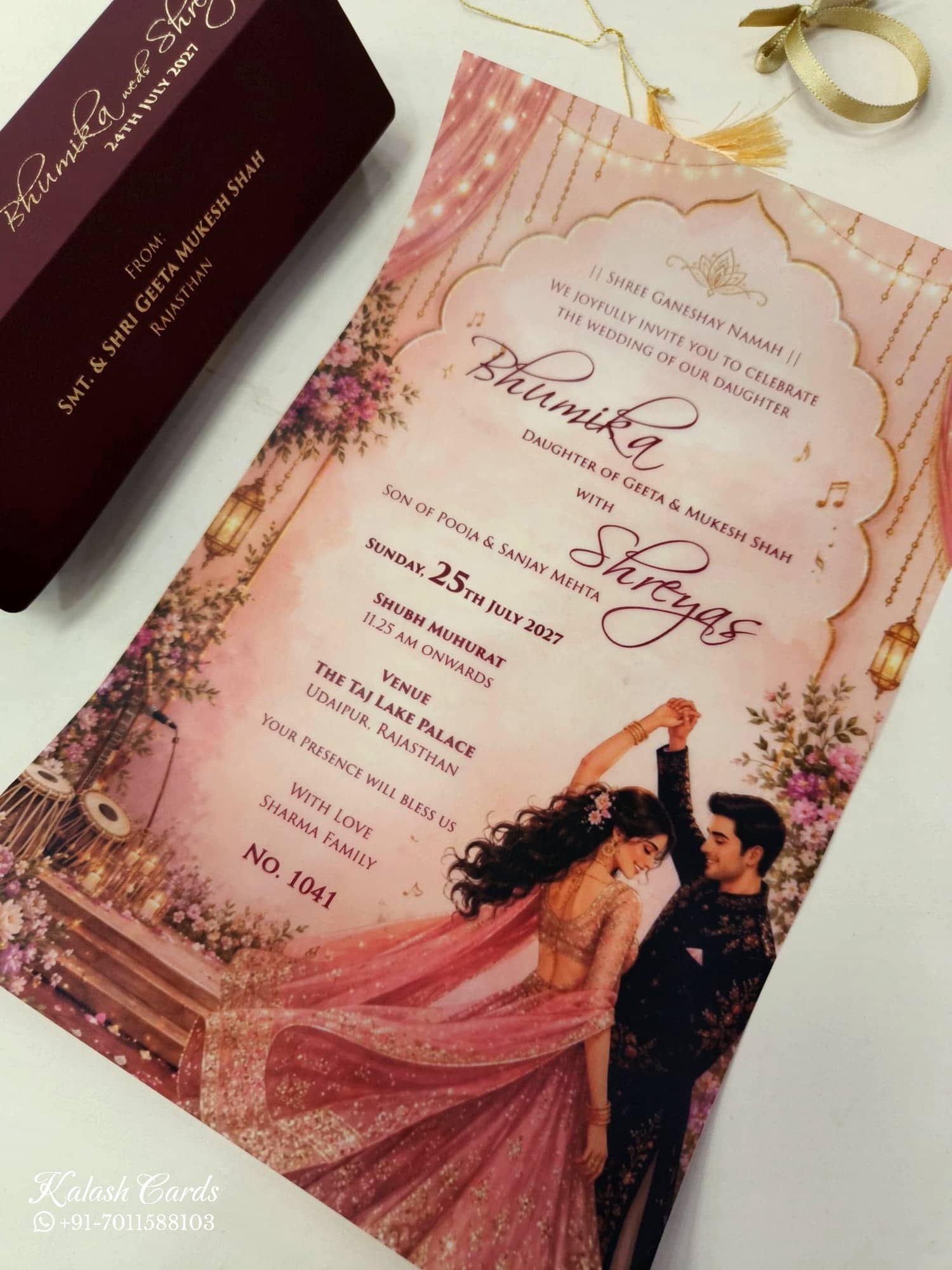 KLS344 Dulha Dulhan Design Maroon Color Translucent Scroll Wedding Card
