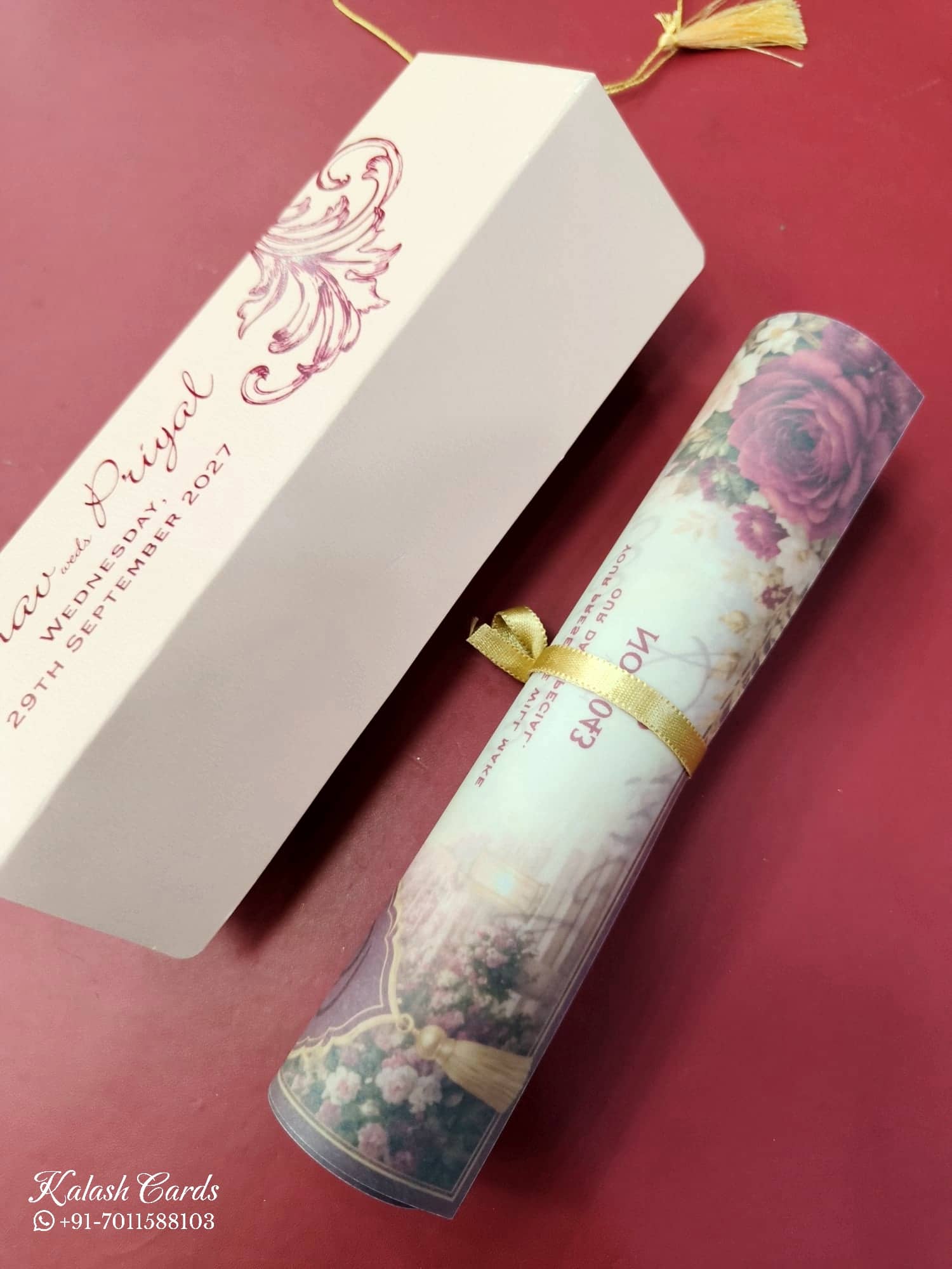 KLS345 Rose Floral Design Pink Color Translucent Scroll Wedding Card