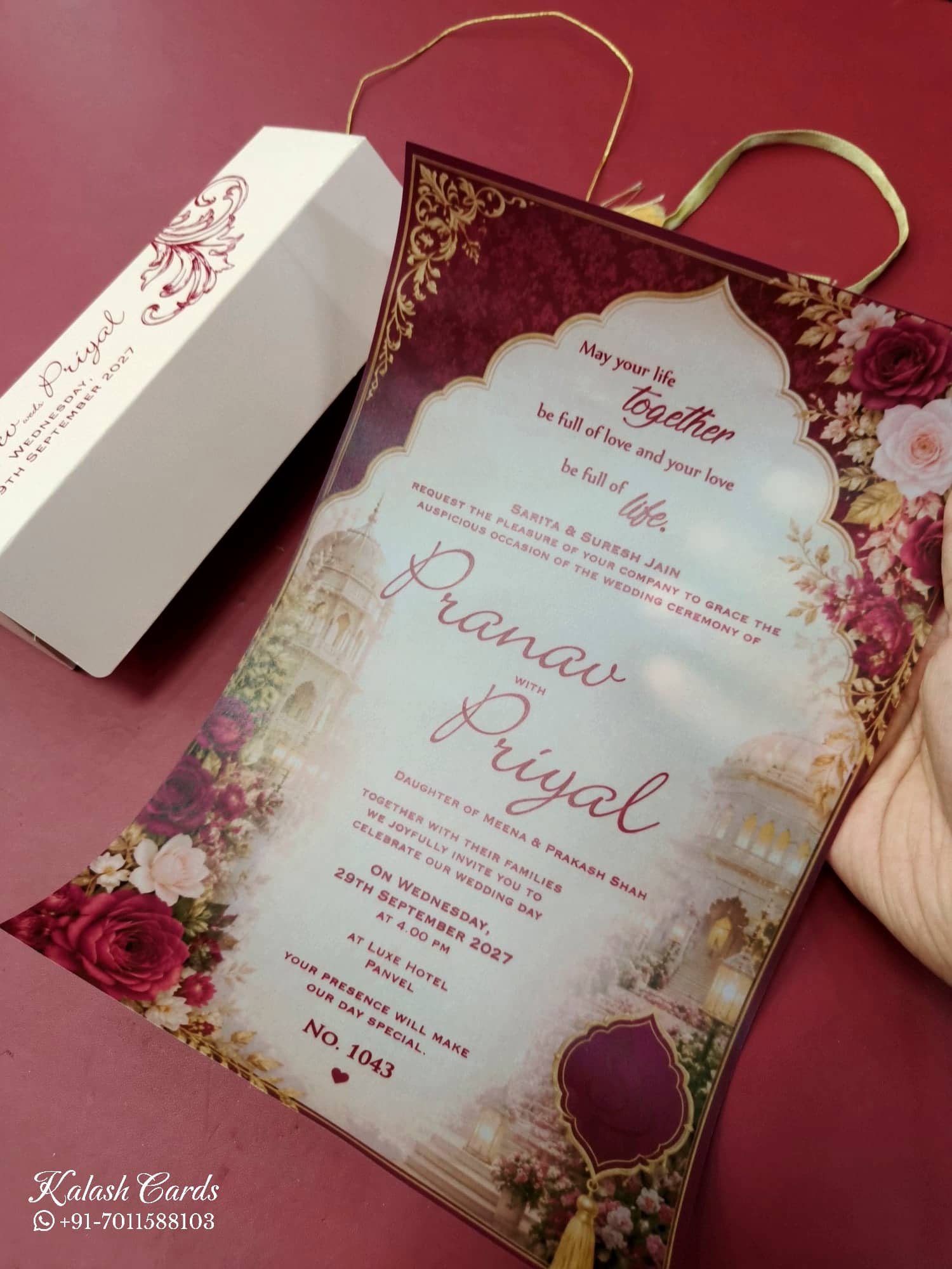 KLS345 Rose Floral Design Pink Color Translucent Scroll Wedding Card