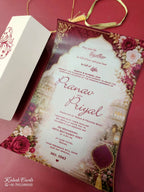 KLS345 Rose Floral Design Pink Color Translucent Scroll Wedding Card