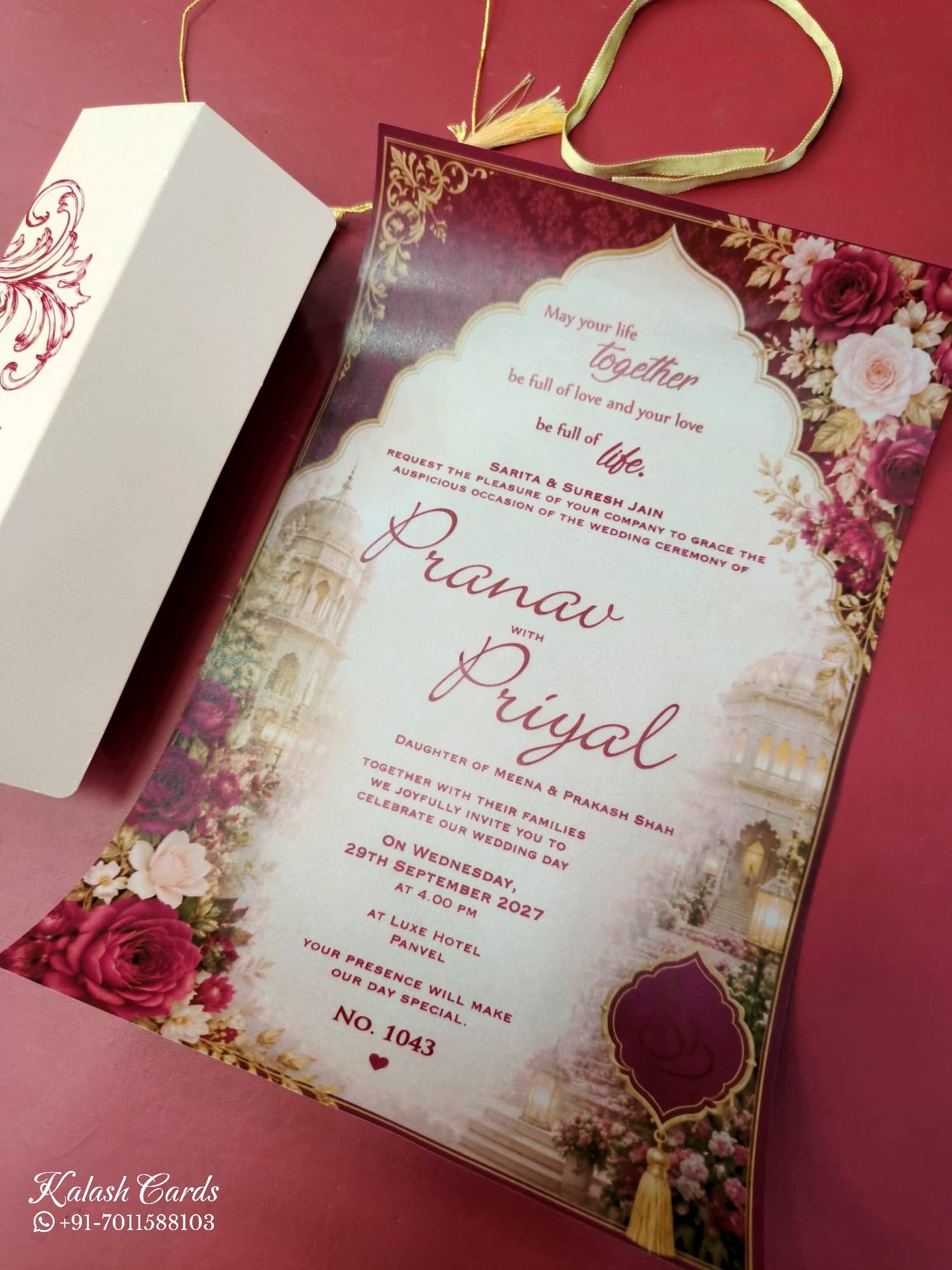 KLS345 Rose Floral Design Pink Color Translucent Scroll Wedding Card
