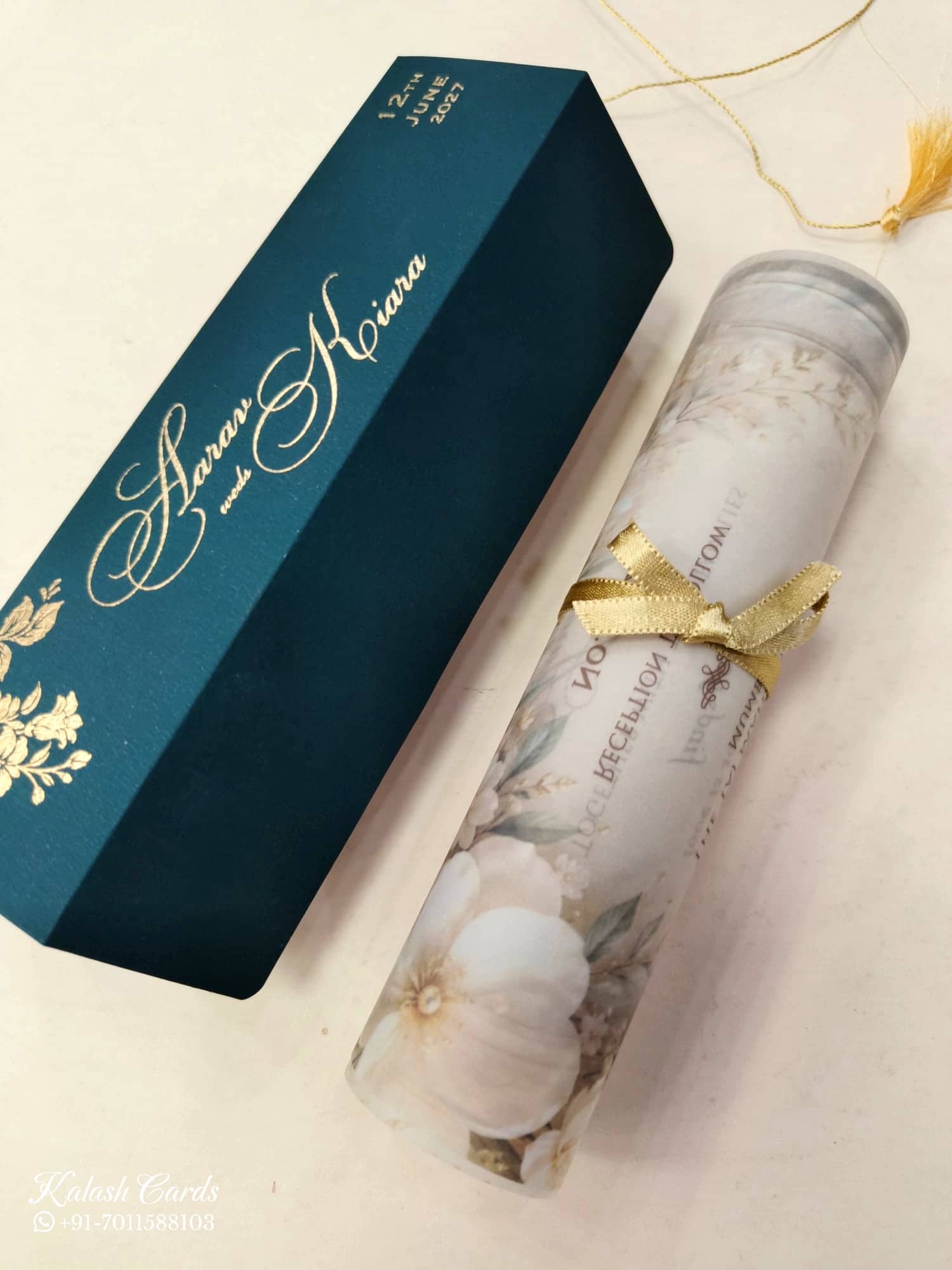 KLS347 Floral Design Blue Green Color Translucent Scroll Wedding Card