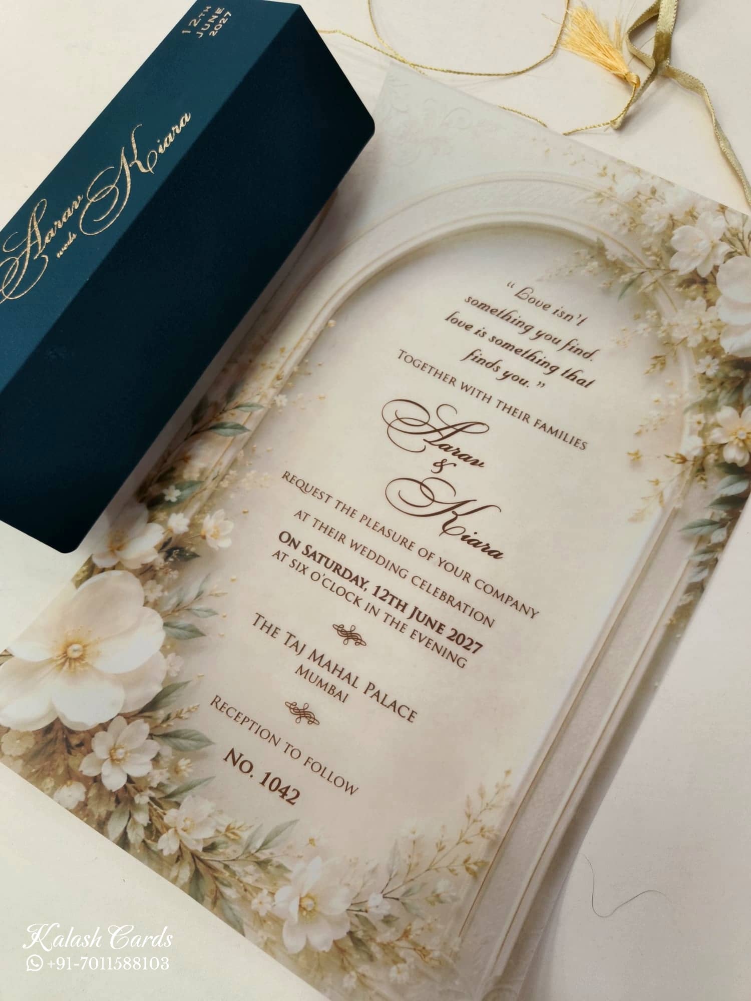 KLS347 Floral Design Blue Green Color Translucent Scroll Wedding Card