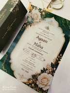 KLS348 Rose Floral Design Green Color Translucent Scroll Wedding Card