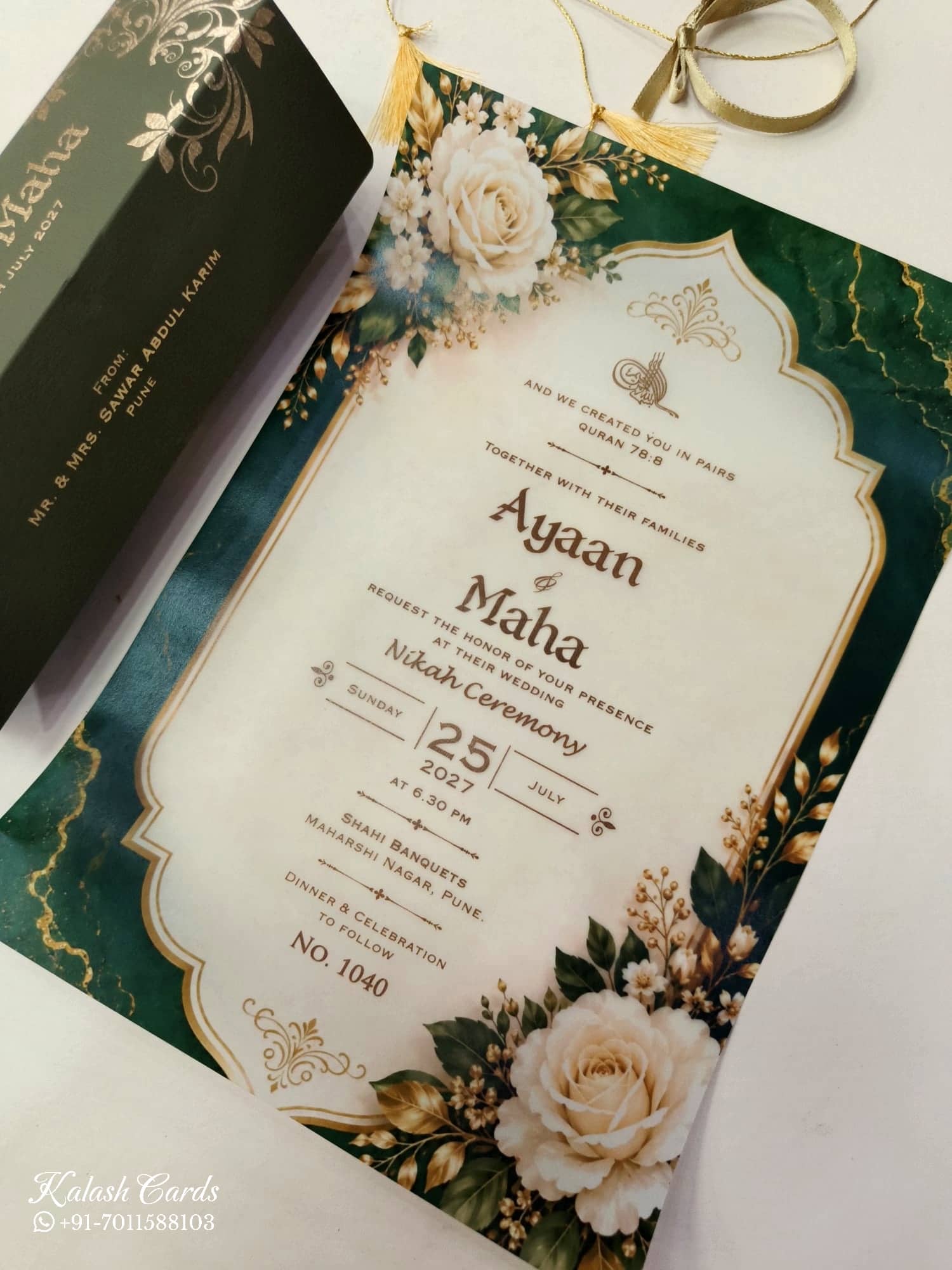 KLS348 Rose Floral Design Green Color Translucent Scroll Wedding Card