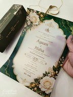 KLS348 Rose Floral Design Green Color Translucent Scroll Wedding Card