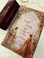 KLS349 Dulha Dulhan Design Maroon Color Translucent Scroll Wedding Card