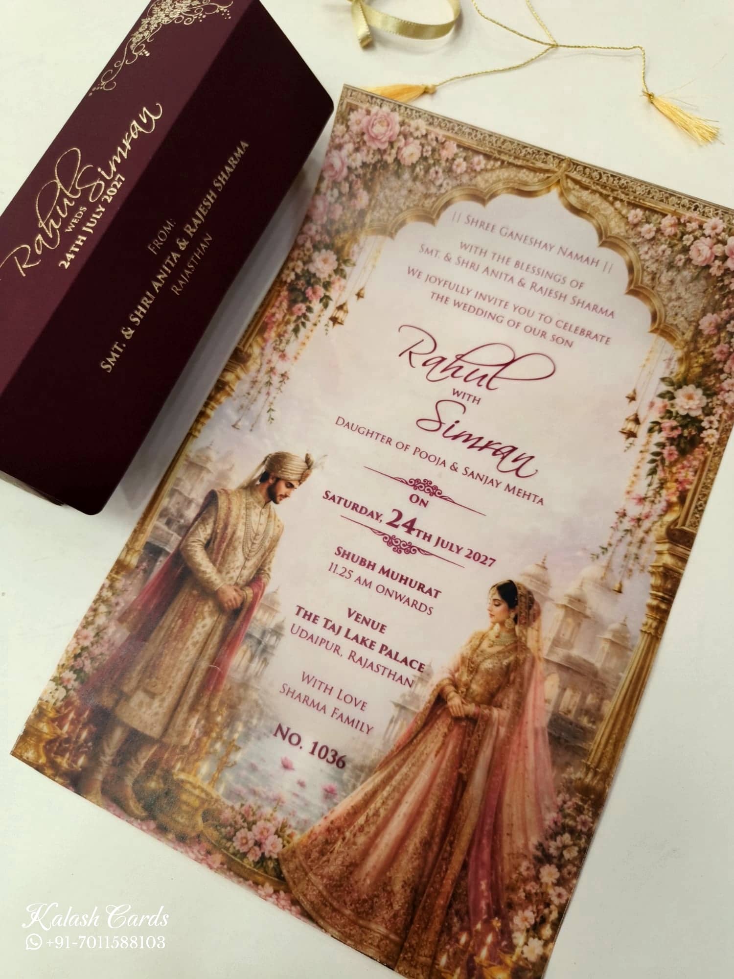 KLS349 Dulha Dulhan Design Maroon Color Translucent Scroll Wedding Card