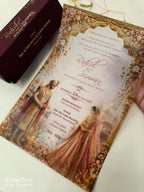 KLS349 Dulha Dulhan Design Maroon Color Translucent Scroll Wedding Card