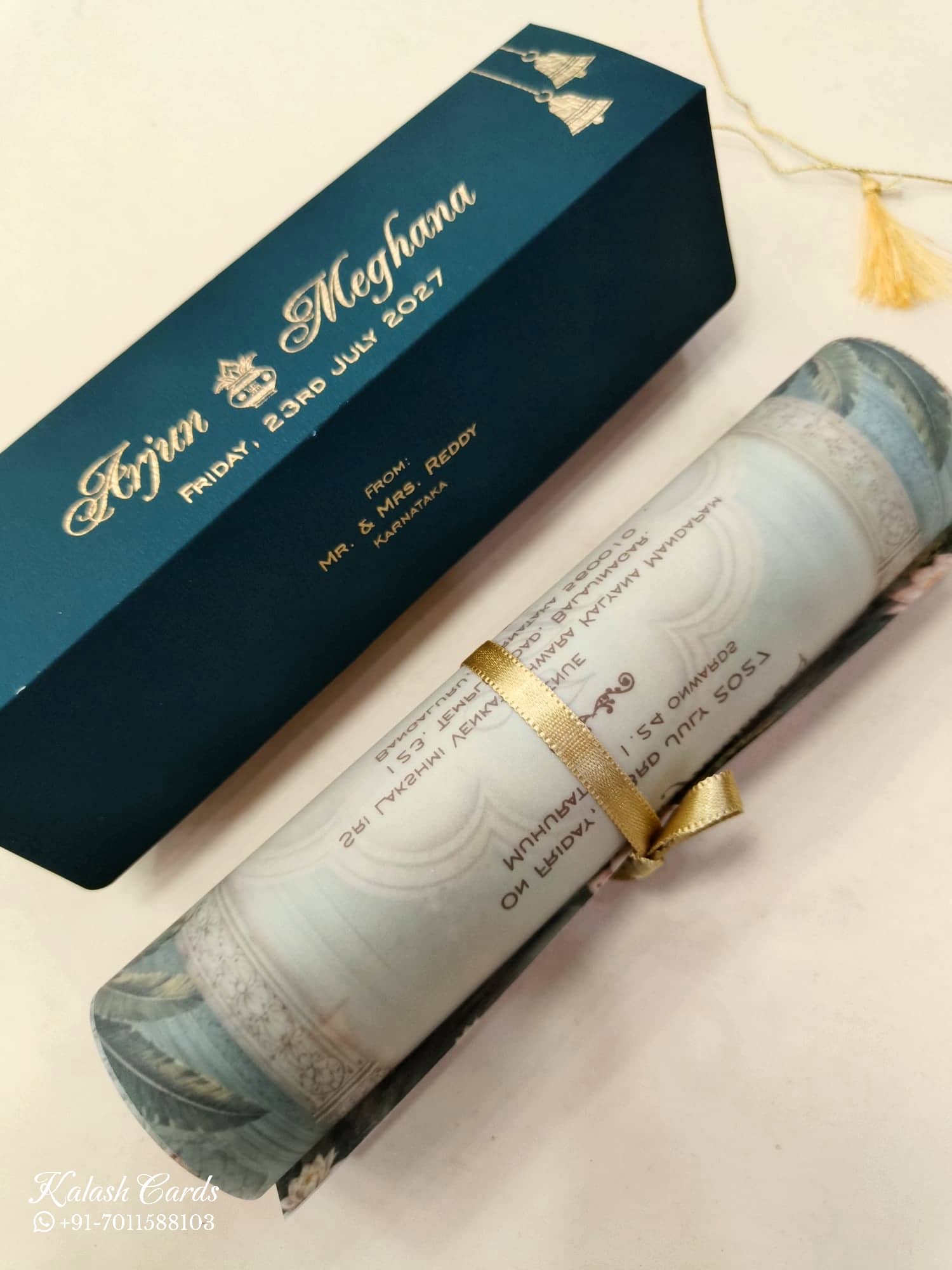 KLS350 Royal Fort Design Blue Green Color Translucent Scroll Wedding Card