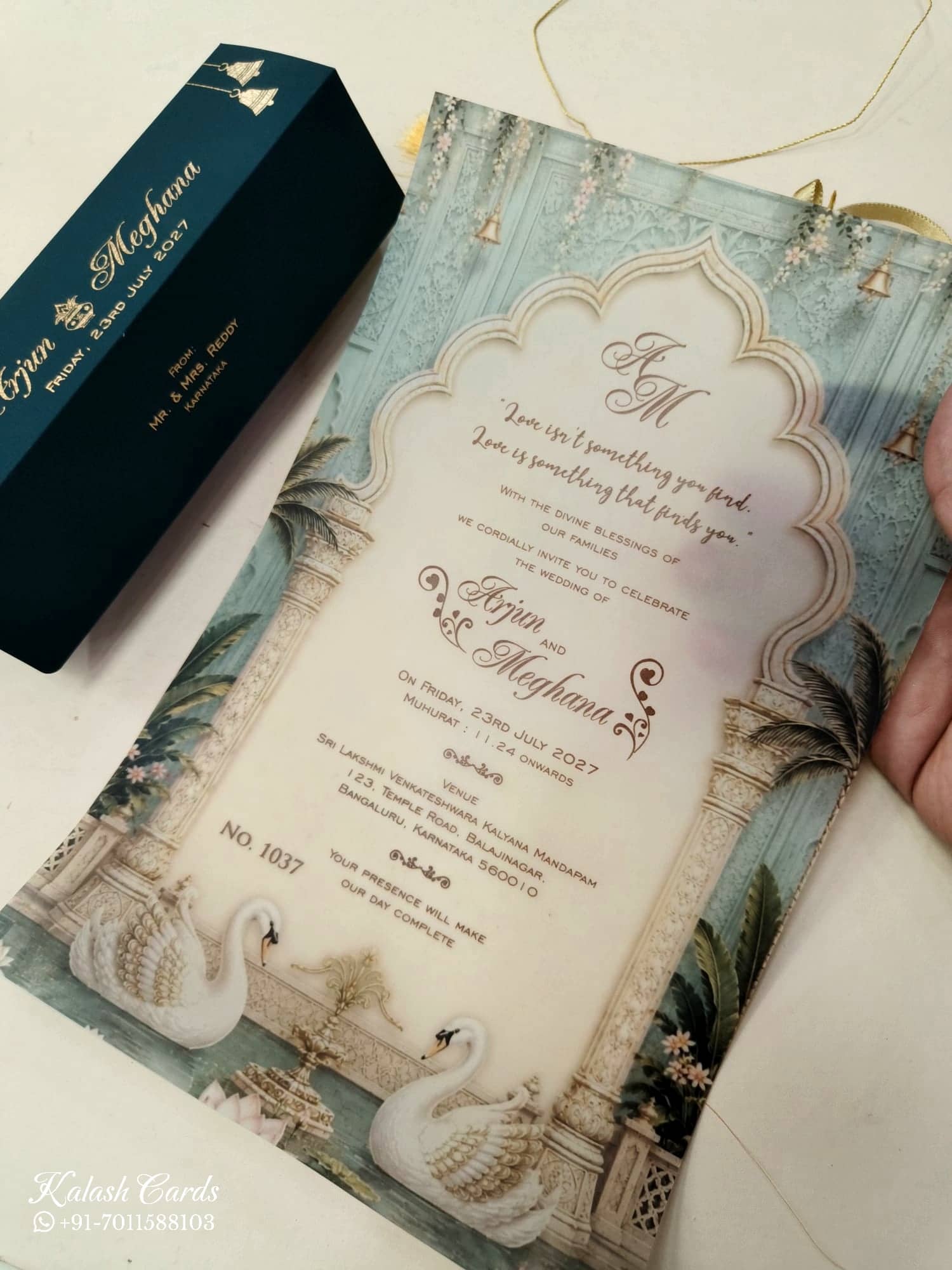 KLS350 Royal Fort Design Blue Green Color Translucent Scroll Wedding Card
