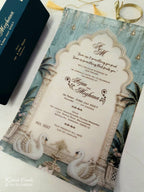 KLS350 Royal Fort Design Blue Green Color Translucent Scroll Wedding Card