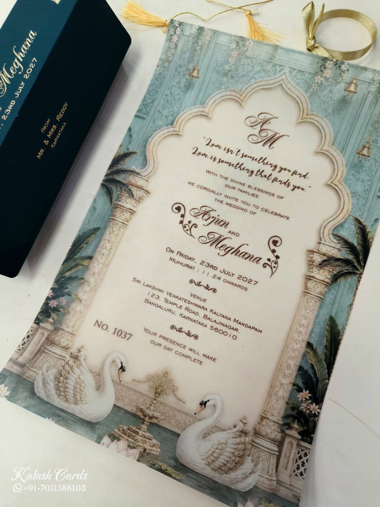 KLS350 Royal Fort Design Blue Green Color Translucent Scroll Wedding Card