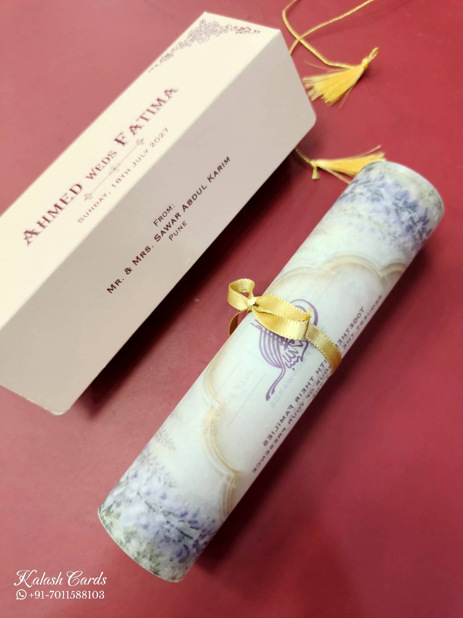 KLS351 Floral Design Pink Purple Color Translucent Scroll Wedding Card