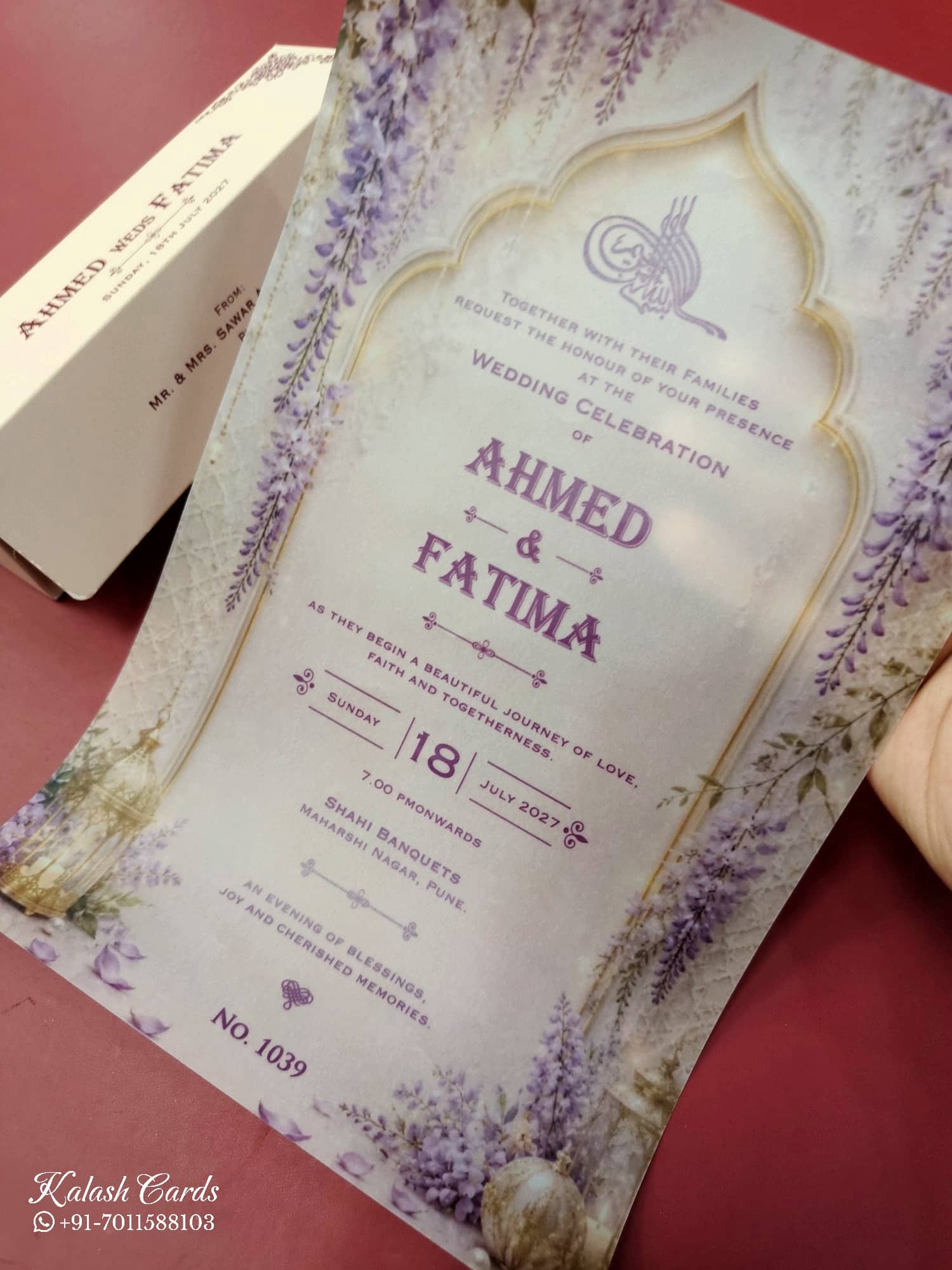 KLS351 Floral Design Pink Purple Color Translucent Scroll Wedding Card