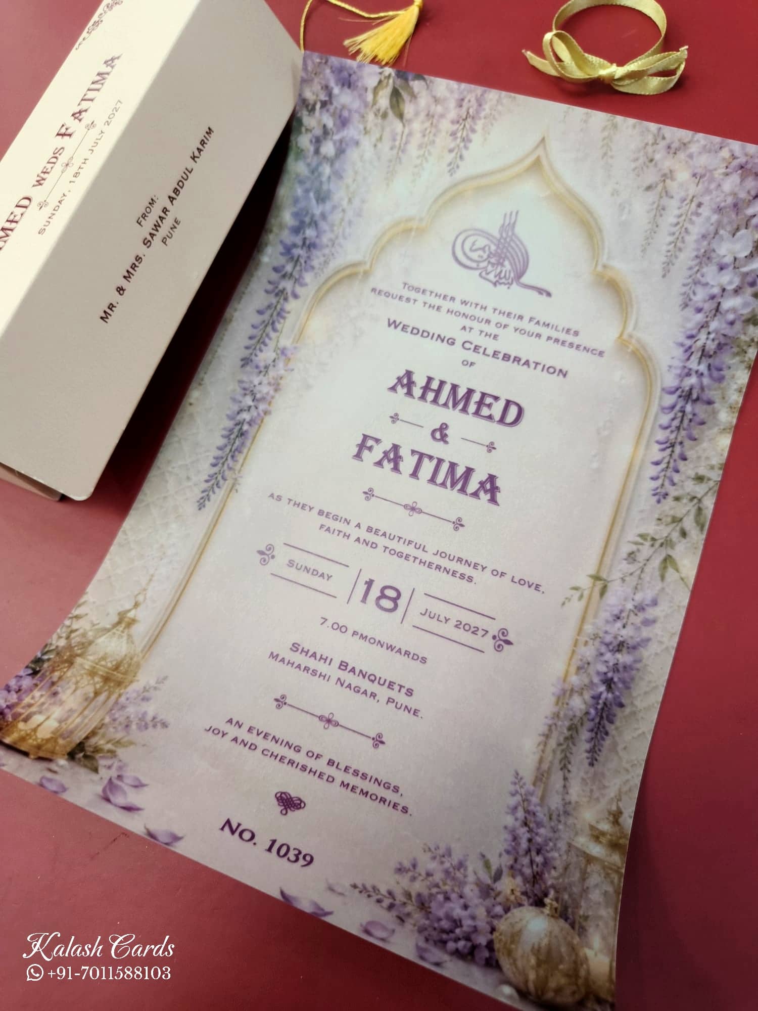 KLS351 Floral Design Pink Purple Color Translucent Scroll Wedding Card