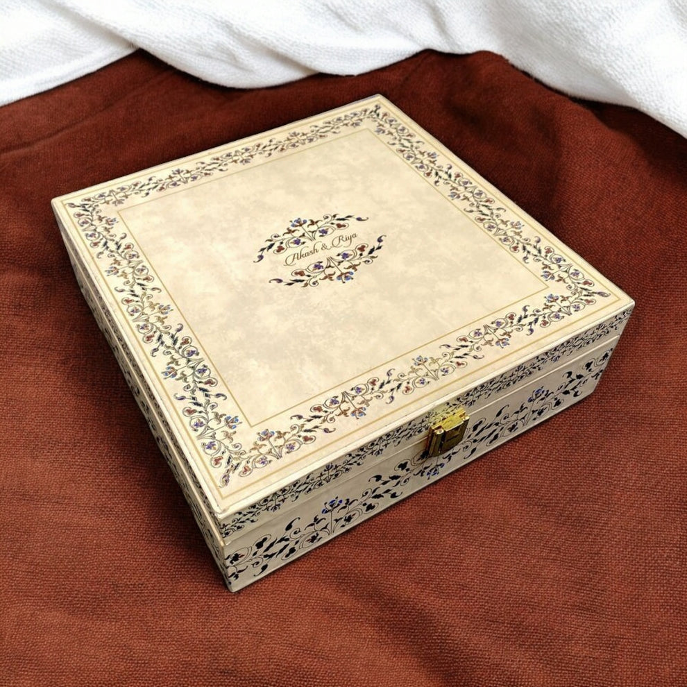 KL9074B Traditional Royal Border Design MDF Dry Fruit Gift Wedding Box with 2 Printed Card Inserts (2 Jars)-Kalash Cards