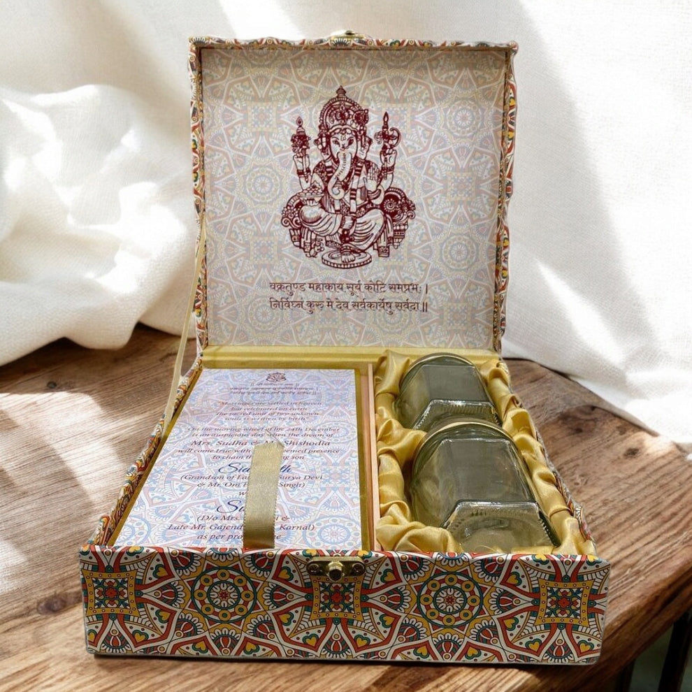 KL2044S1B Royal Pattern MDF Luxury Wedding Gift Box with 2 Printed Card Inserts (2 Jars)-Kalash Cards