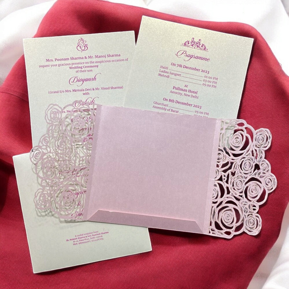 KL8015-4 Laser Cut Paper Wedding Card with 2 Card Inserts & 1 Envelope-Kalash Cards