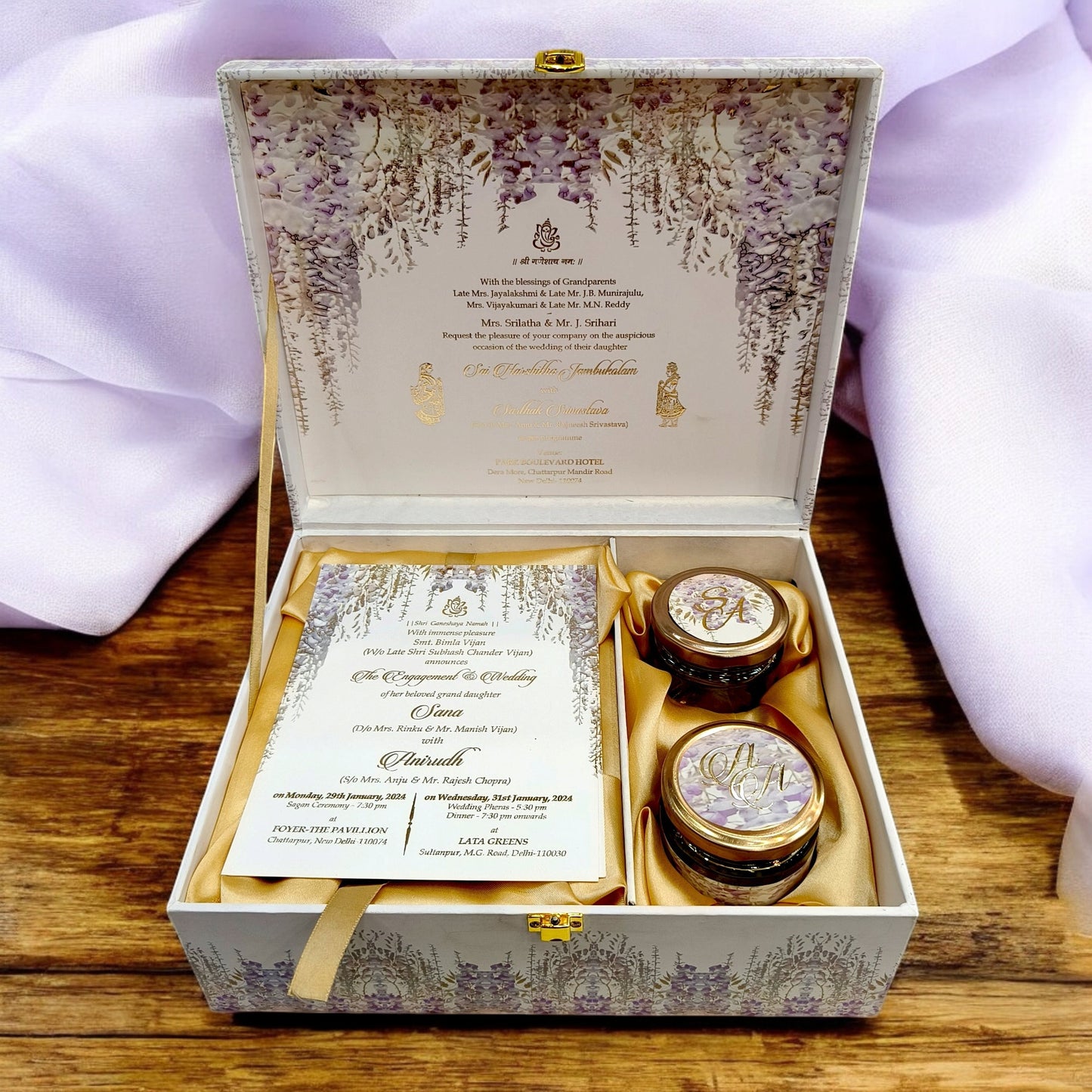 KL9012B Designer Purple Flower Luxury MDF Gift Box with 2 Foil Print Inserts (2 Jars)-Kalash Cards