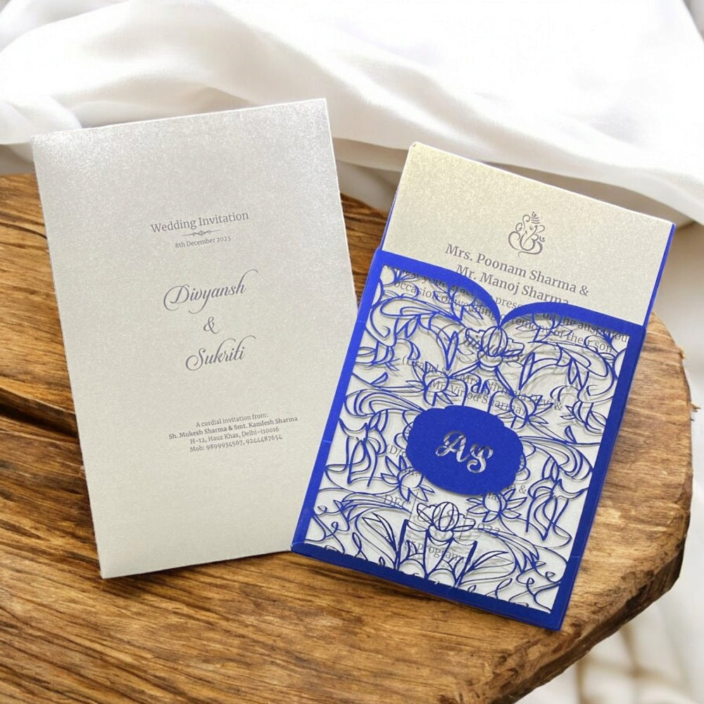 KL8014-2 Laser Cut Paper Wedding Card with 2 Card Inserts & 1 Envelope-Kalash Cards