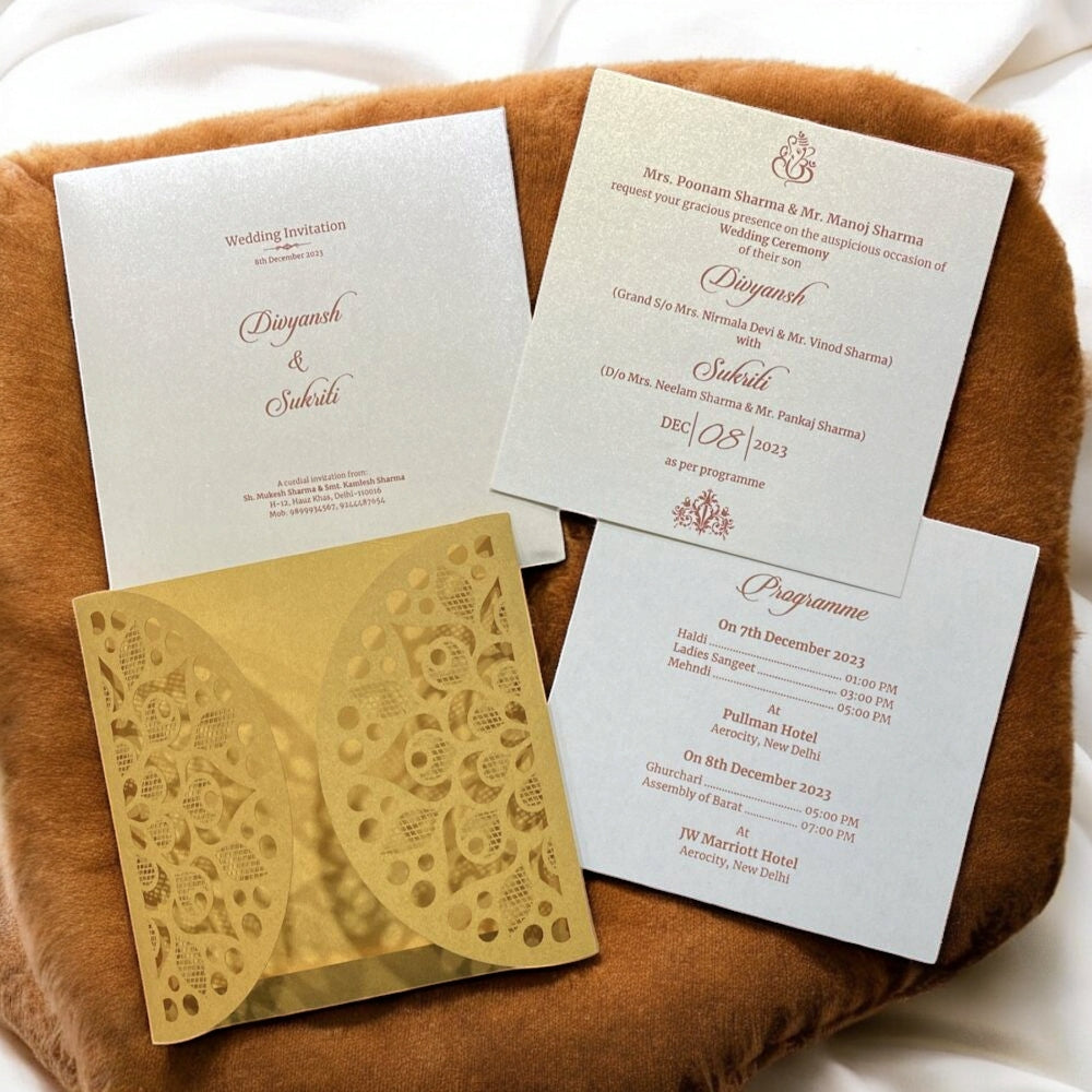 KL8010-3 Laser Cut Paper Wedding Card with 2 Card Inserts & 1 Envelope-Kalash Cards