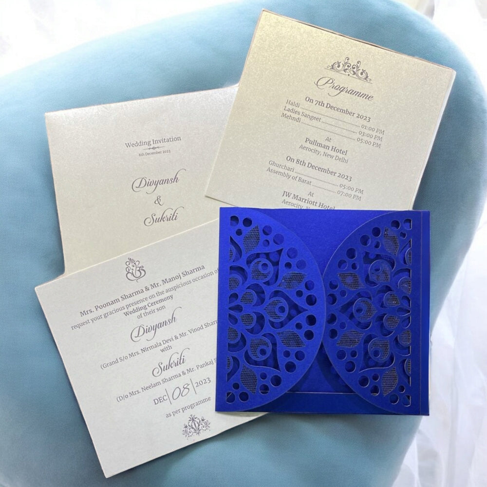 KL8010-2 Laser Cut Paper Wedding Card with 2 Card Inserts & 1 Envelope-Kalash Cards