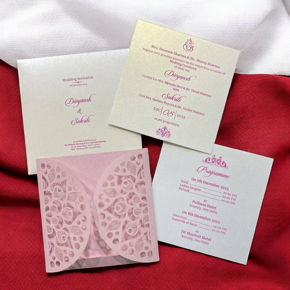 KL8010-4 Laser Cut Paper Wedding Card with 2 Card Inserts & 1 Envelope-Kalash Cards